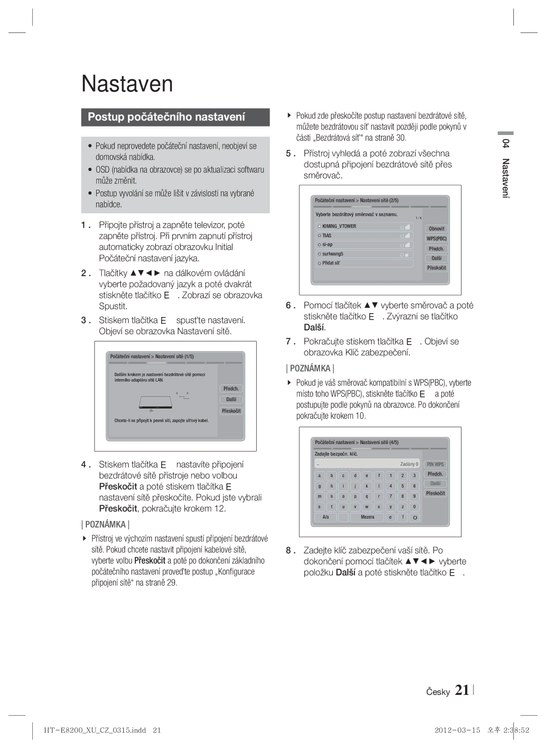 Samsung HT-E8200/EN manual Postup počátečního nastavení, Česky Nastavení 