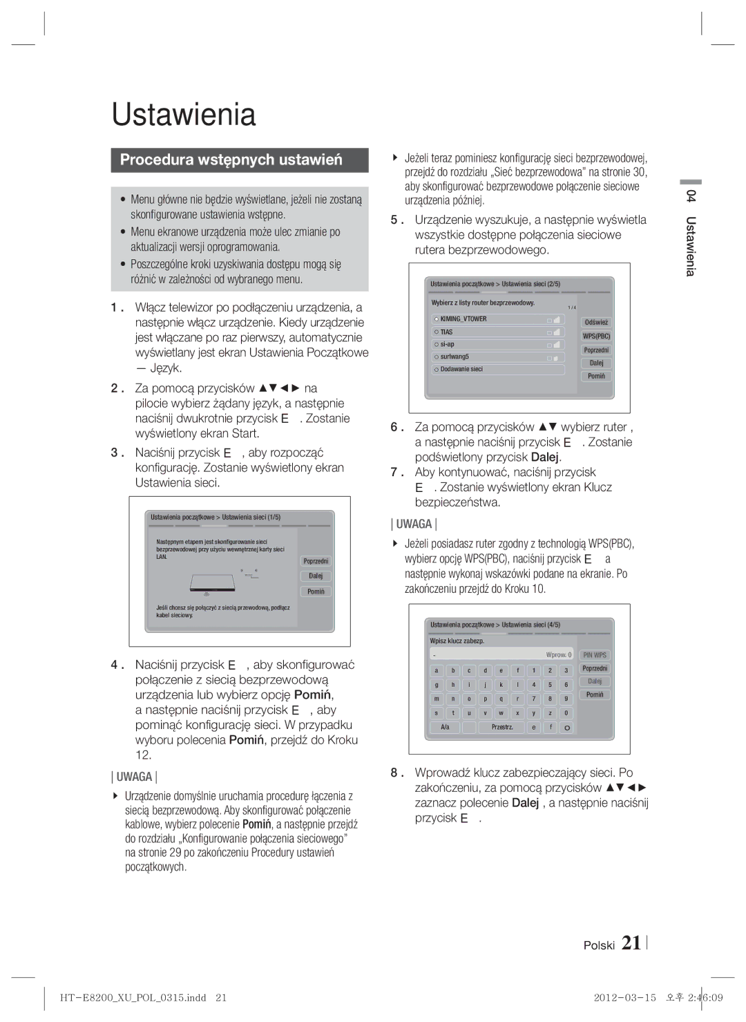 Samsung HT-E8200/EN manual Procedura wstępnych ustawień, Język, Polski Ustawienia 