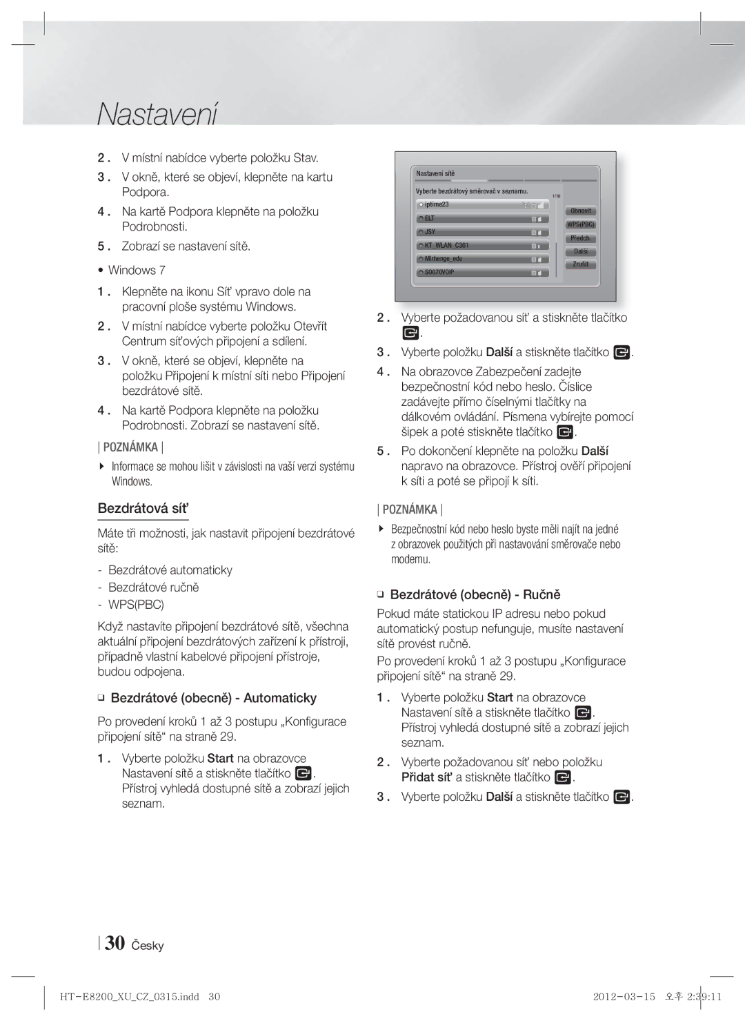 Samsung HT-E8200/EN manual Bezdrátová síť, 30 Česky 