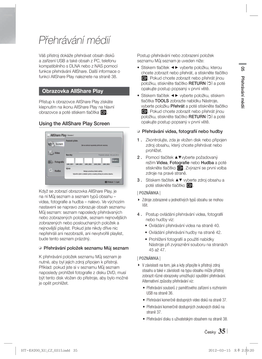 Samsung HT-E8200/EN manual Obrazovka AllShare Play, Using the AllShare Play Screen, Česky 05 Přehrávání médií 