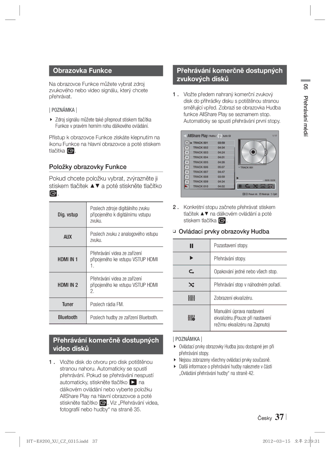 Samsung HT-E8200/EN manual Obrazovka Funkce, Položky obrazovky Funkce, Přehrávání komerčně dostupných Zvukových disků 