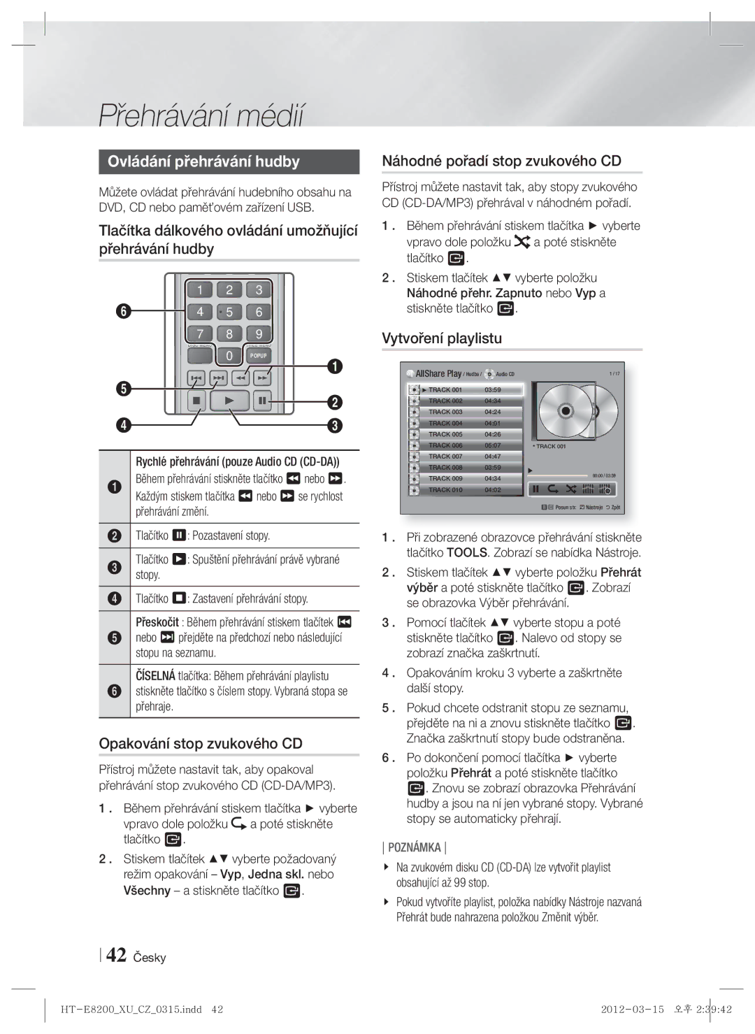 Samsung HT-E8200/EN manual Ovládání přehrávání hudby, Tlačítka dálkového ovládání umožňující přehrávání hudby 