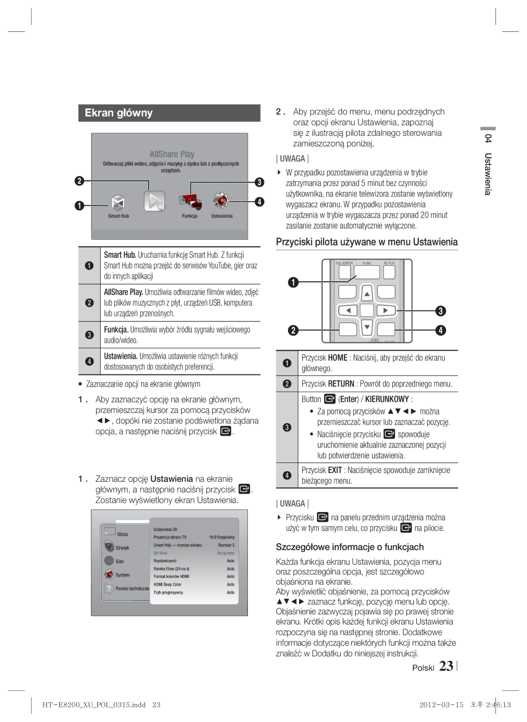 Samsung HT-E8200/EN manual Ekran główny, Otwieranie ekranu Ustawienia, Przyciski pilota używane w menu Ustawienia 