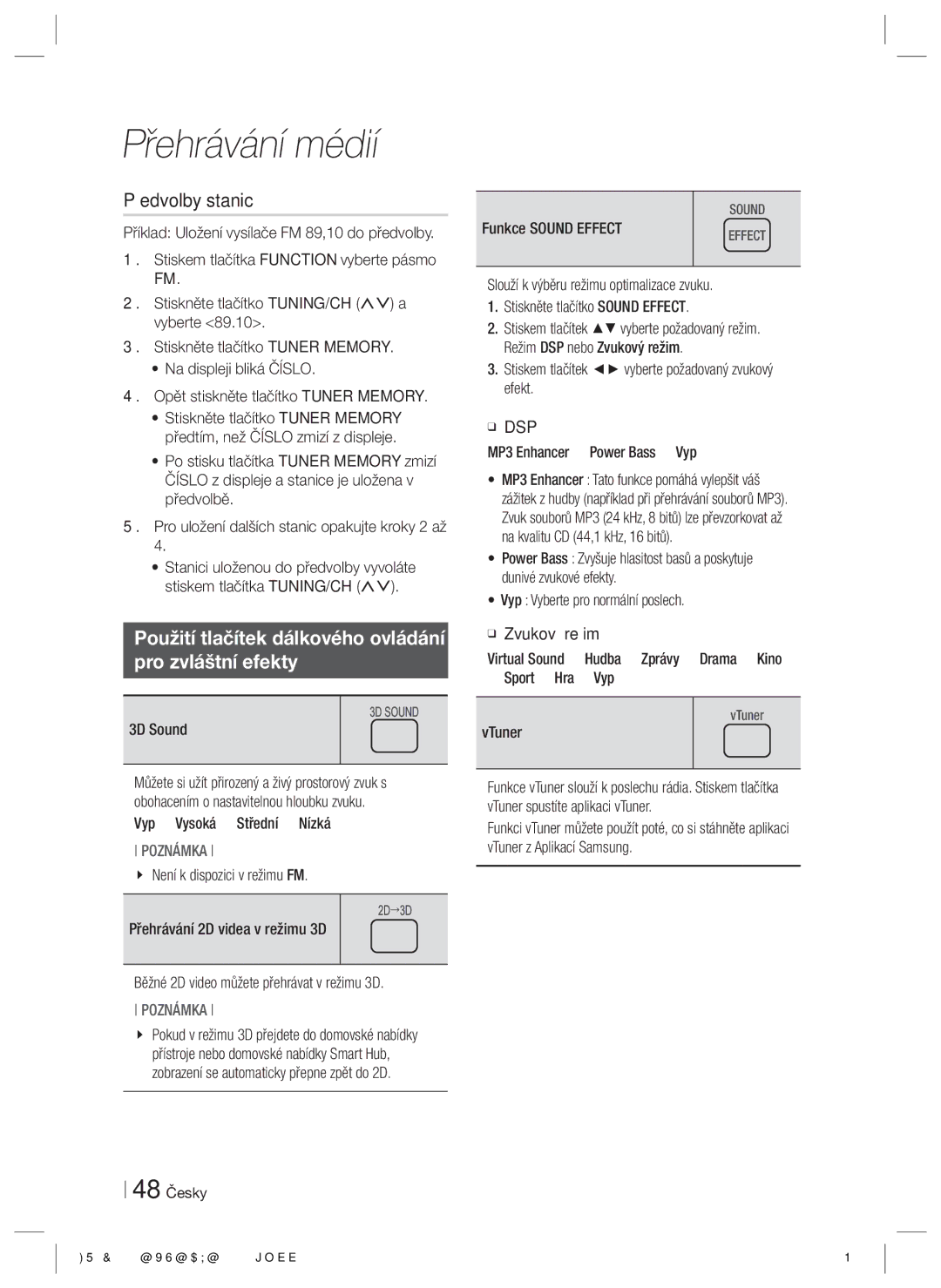 Samsung HT-E8200/EN manual Předvolby stanic, Použití tlačítek dálkového ovládání Pro zvláštní efekty, Funkce Sound Effect 