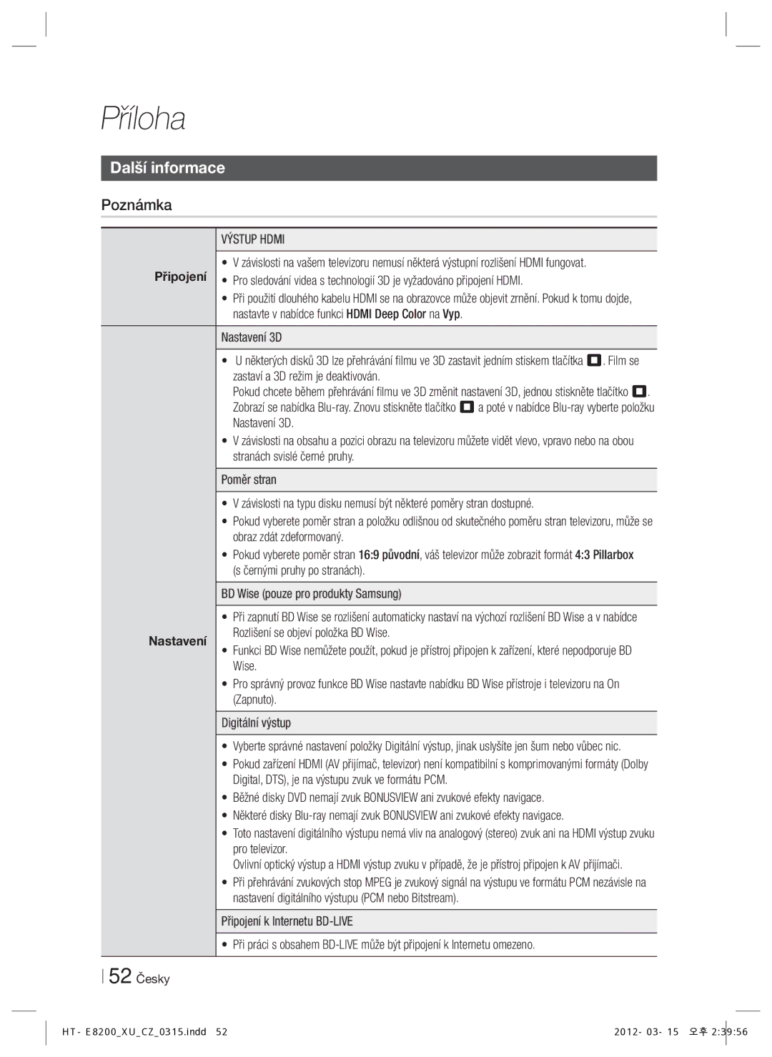 Samsung HT-E8200/EN manual Příloha, Další informace, Připojení, Nastavení 