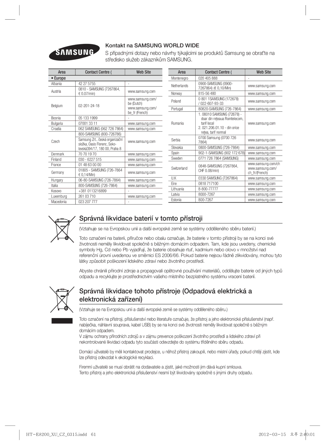 Samsung HT-E8200/EN manual Správná likvidace baterií v tomto přístroji, Area Contact Centre  Web Site ` Europe 