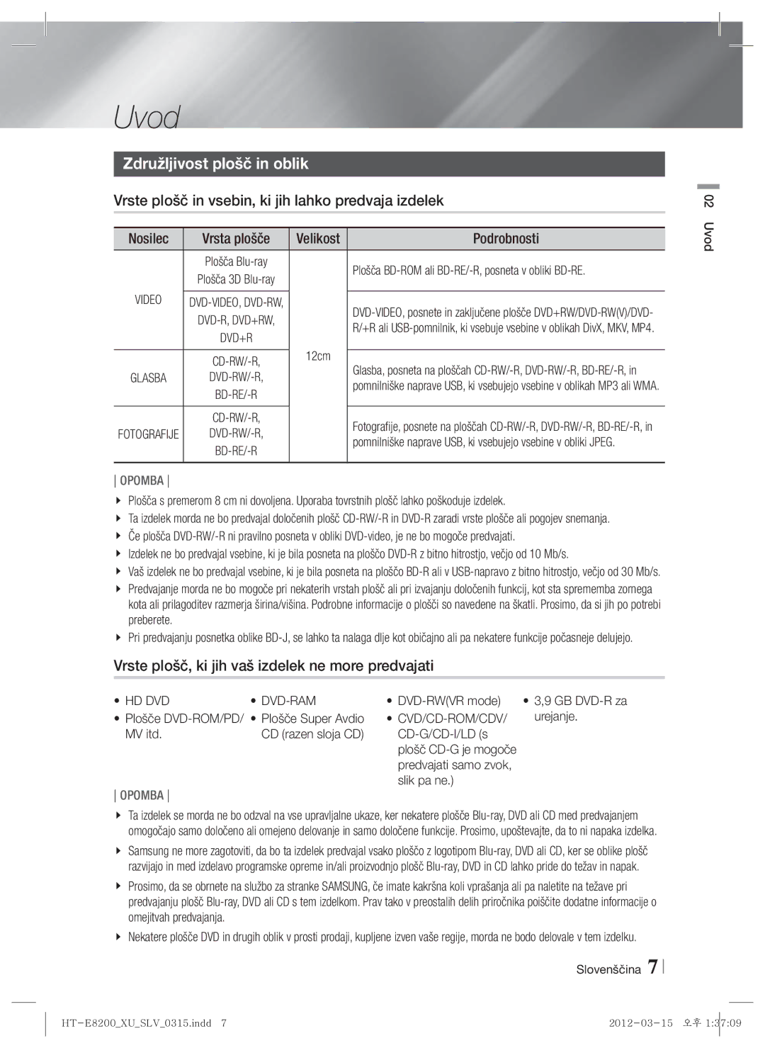 Samsung HT-E8200/EN manual Uvod, Združljivost plošč in oblik, Vrste plošč in vsebin, ki jih lahko predvaja izdelek 