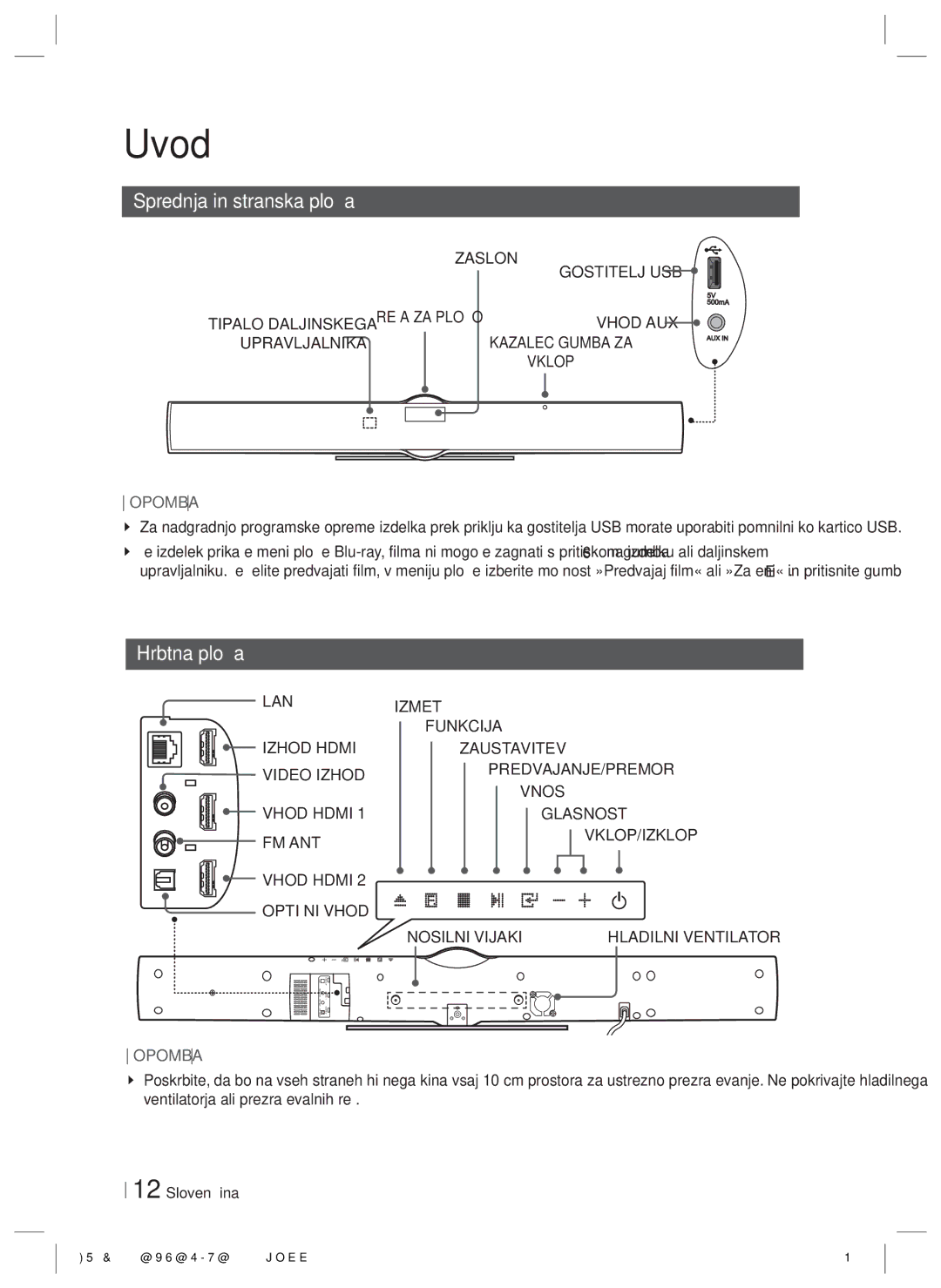 Samsung HT-E8200/EN manual Sprednja in stranska plošča, Hrbtna plošča, Zaslon, Upravljalnika Kazalec Gumba ZA 