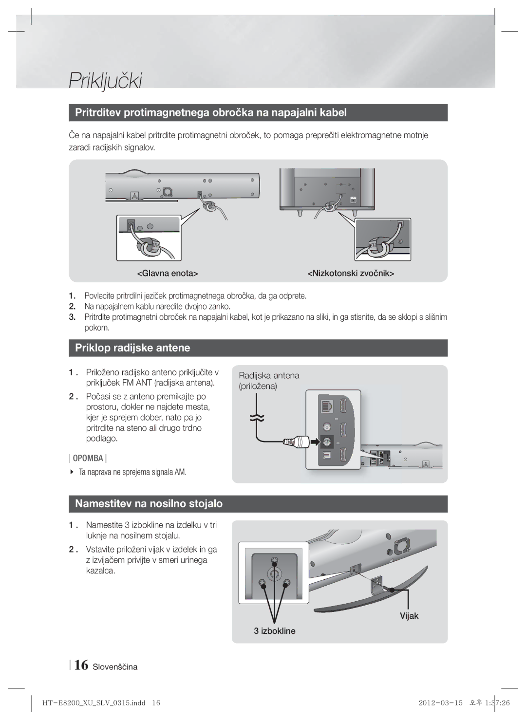 Samsung HT-E8200/EN manual Pritrditev protimagnetnega obročka na napajalni kabel, Priklop radijske antene 