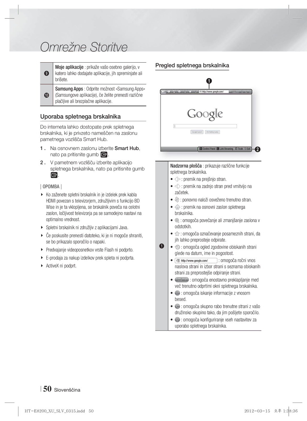 Samsung HT-E8200/EN manual Uporaba spletnega brskalnika, Pregled spletnega brskalnika, ActiveX ni podprt 