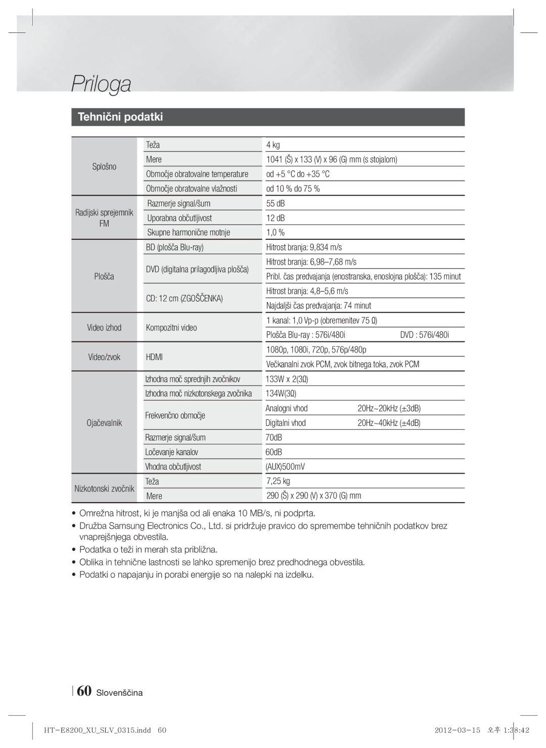 Samsung HT-E8200/EN manual Tehnični podatki 