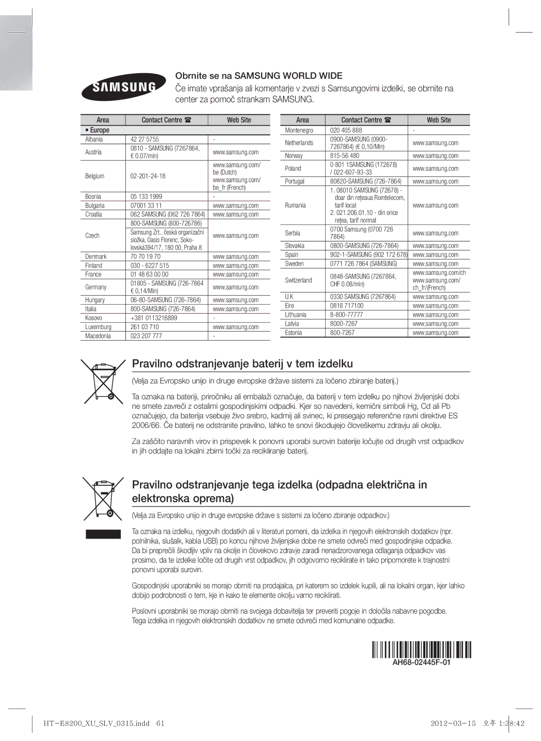 Samsung HT-E8200/EN manual Pravilno odstranjevanje baterij v tem izdelku, AH68-02445F-01 