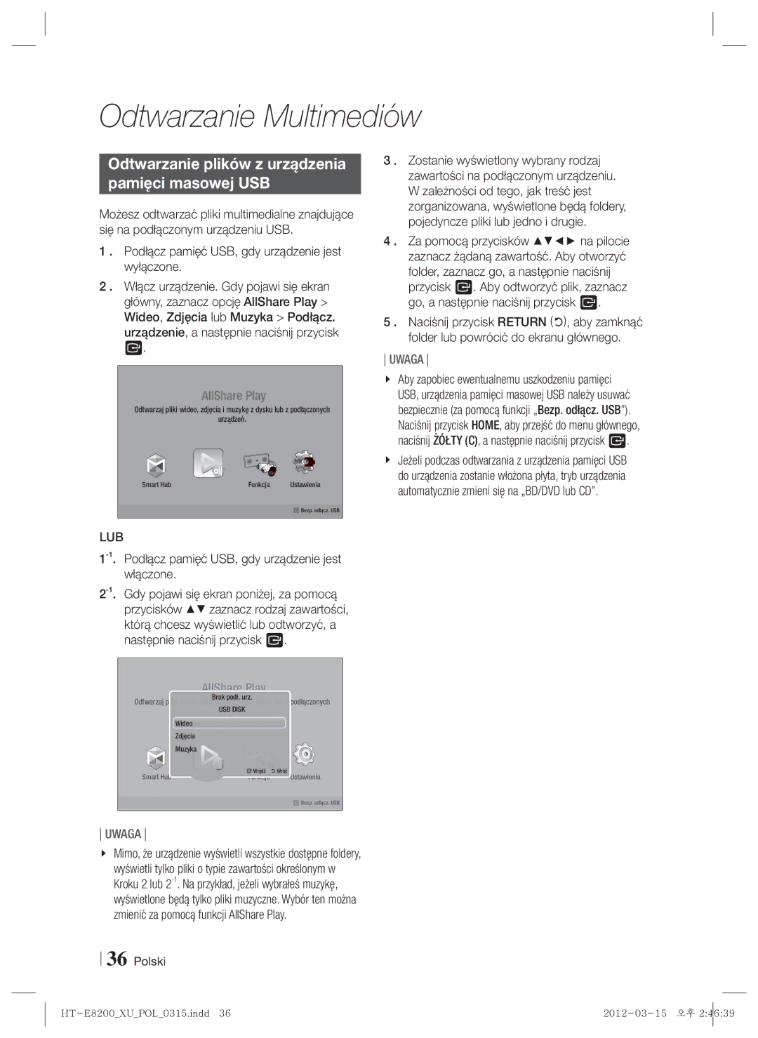 Samsung HT-E8200/EN manual Odtwarzanie plików z urządzenia Pamięci masowej USB, Lub 