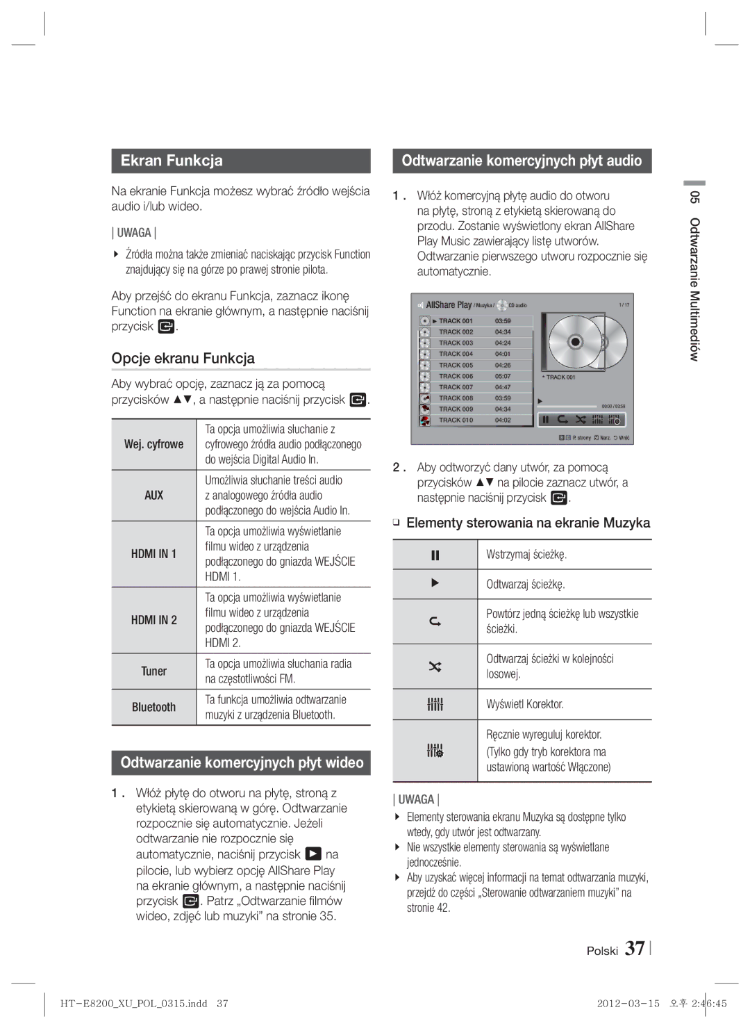 Samsung HT-E8200/EN manual Ekran Funkcja, Opcje ekranu Funkcja, Odtwarzanie komercyjnych płyt audio 