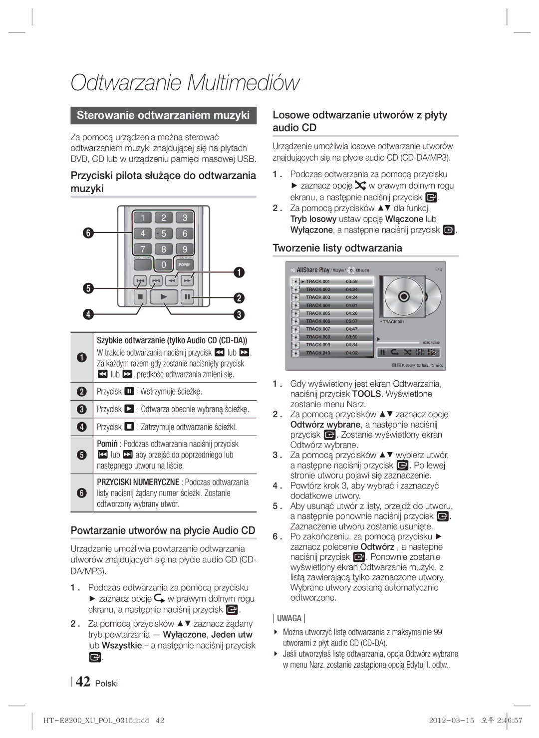 Samsung HT-E8200/EN manual Sterowanie odtwarzaniem muzyki, Przyciski pilota służące do odtwarzania muzyki 