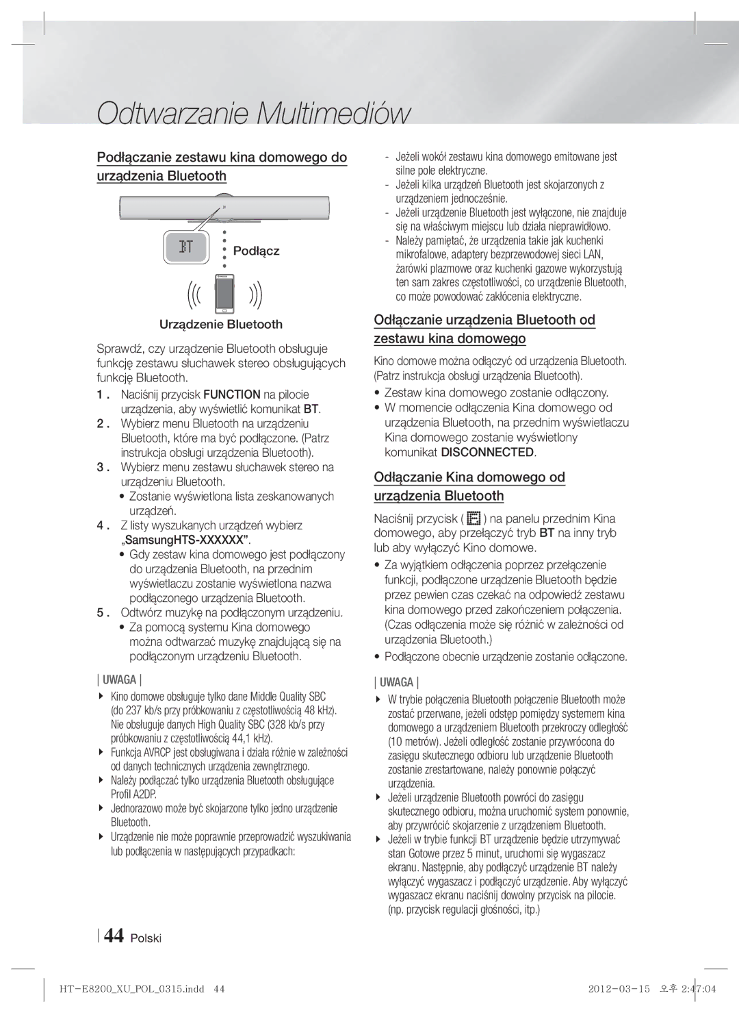 Samsung HT-E8200/EN manual Podłączanie zestawu kina domowego do urządzenia Bluetooth 