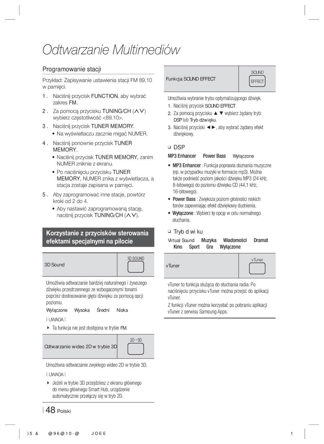 Samsung HT-E8200/EN manual Programowanie stacji, Efektami specjalnymi na pilocie, Dsp 