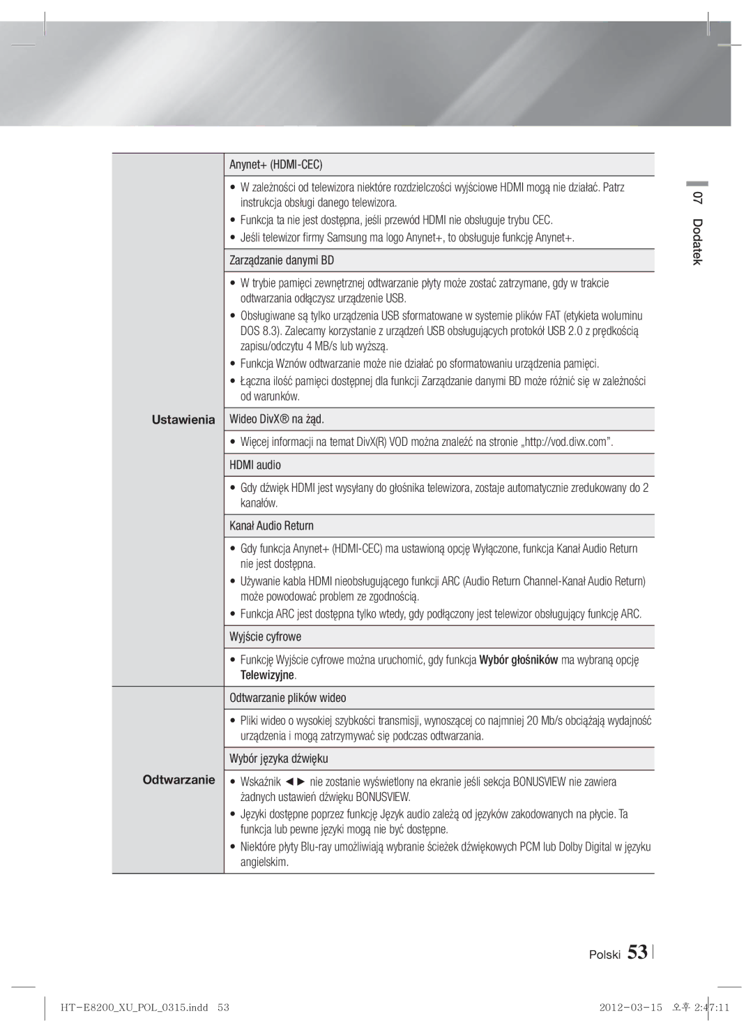 Samsung HT-E8200/EN manual Wybór języka dźwięku, Polski Dodatek 