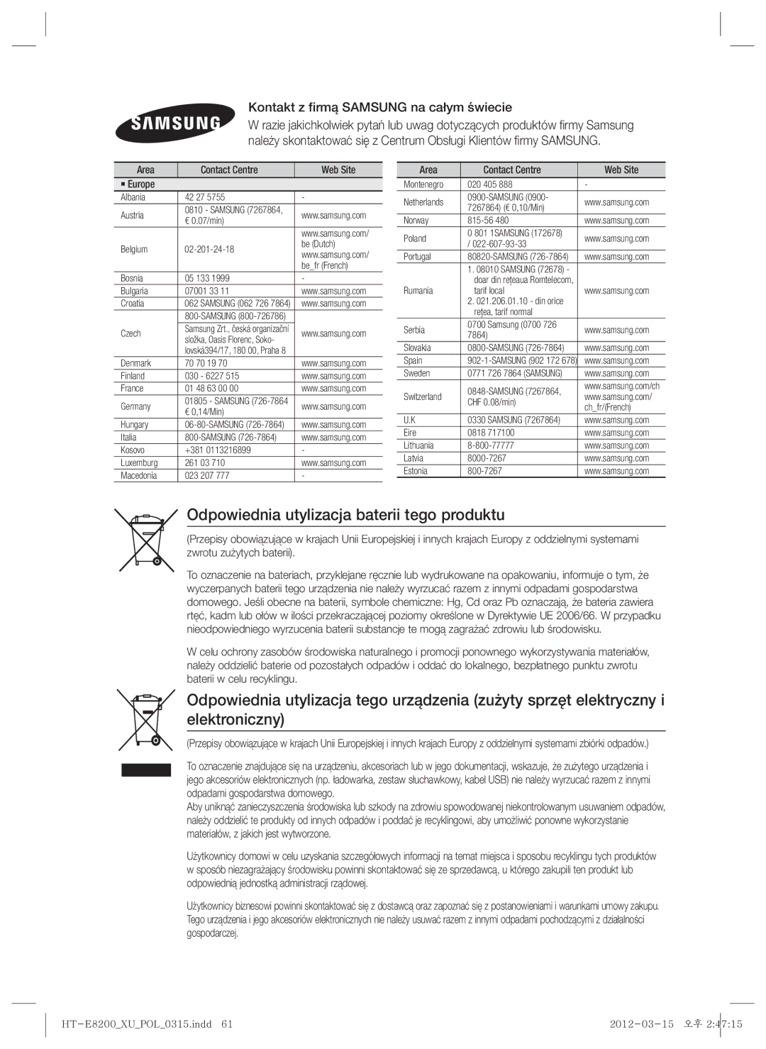 Samsung HT-E8200/EN manual Odpowiednia utylizacja baterii tego produktu, Kontakt z firmą Samsung na całym świecie 