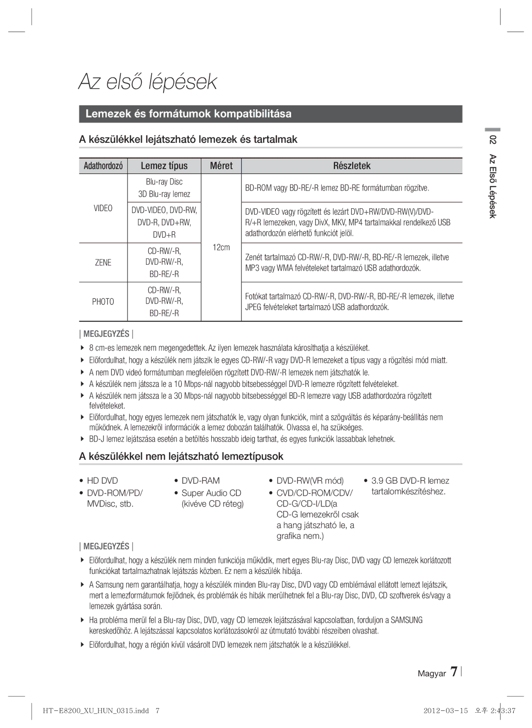 Samsung HT-E8200/EN Az első lépések, Lemezek és formátumok kompatibilitása, Készülékkel lejátszható lemezek és tartalmak 