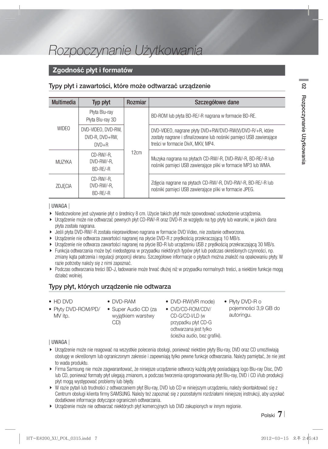 Samsung HT-E8200/EN manual Rozpoczynanie Użytkowania, Zgodność płyt i formatów, Typy płyt, których urządzenie nie odtwarza 