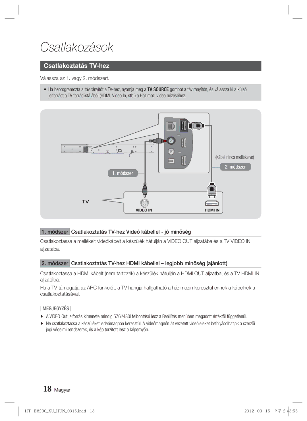 Samsung HT-E8200/EN manual Csatlakoztatás TV-hez, Válassza az 1. vagy 2. módszert, Kábel nincs mellékelve 