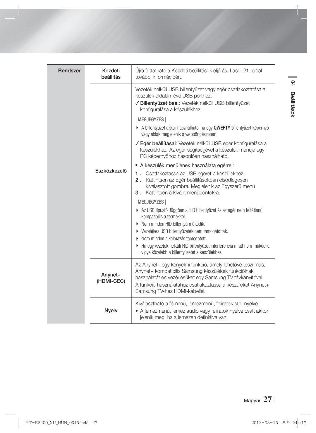 Samsung HT-E8200/EN manual Rendszer 