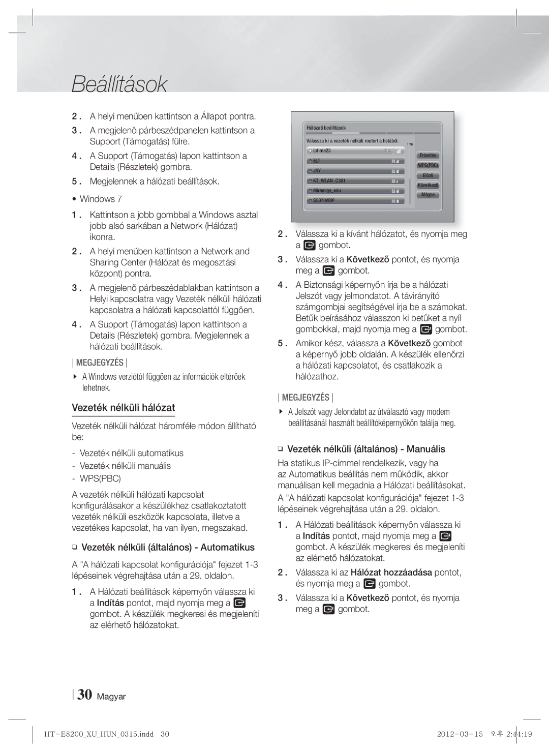 Samsung HT-E8200/EN manual Vezeték nélküli hálózat, Windows verziótól függően az információk eltérőek lehetnek 