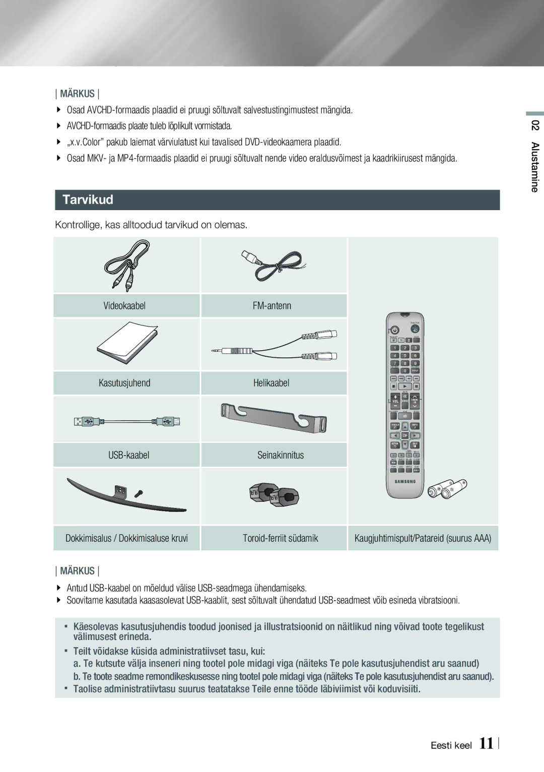 Samsung HT-E8200/EN manual Tarvikud, Kontrollige, kas alltoodud tarvikud on olemas 