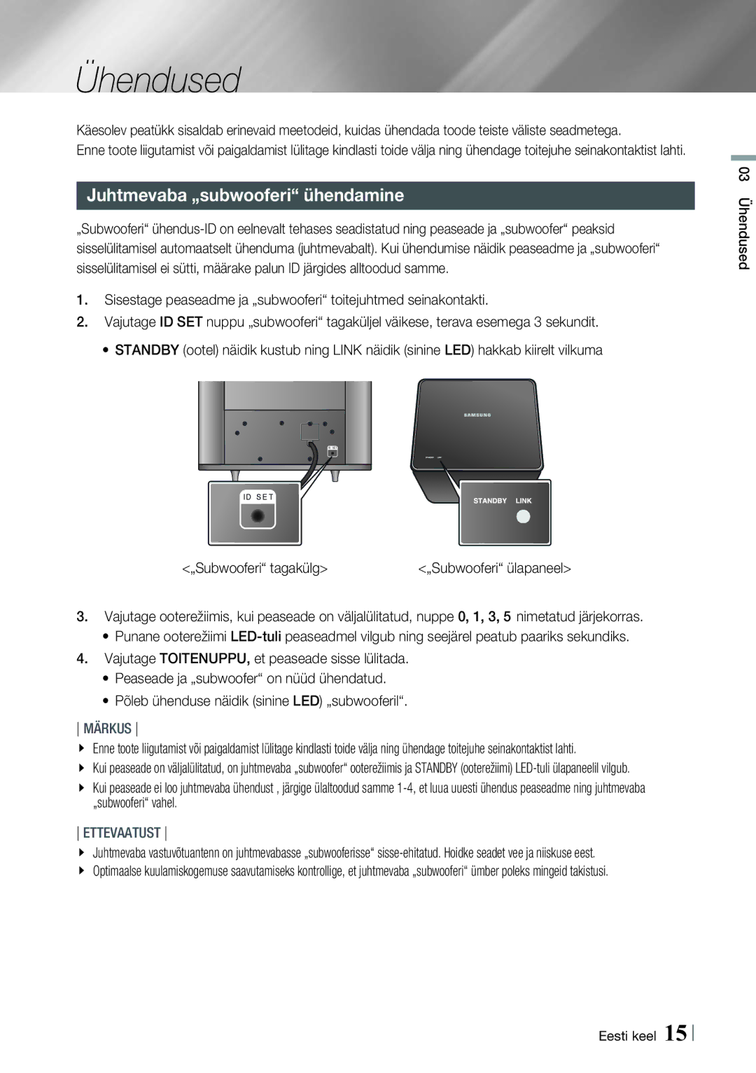 Samsung HT-E8200/EN manual Juhtmevaba „subwooferi ühendamine, „Subwooferi tagakülg, 03 Ühendused Eesti keel 