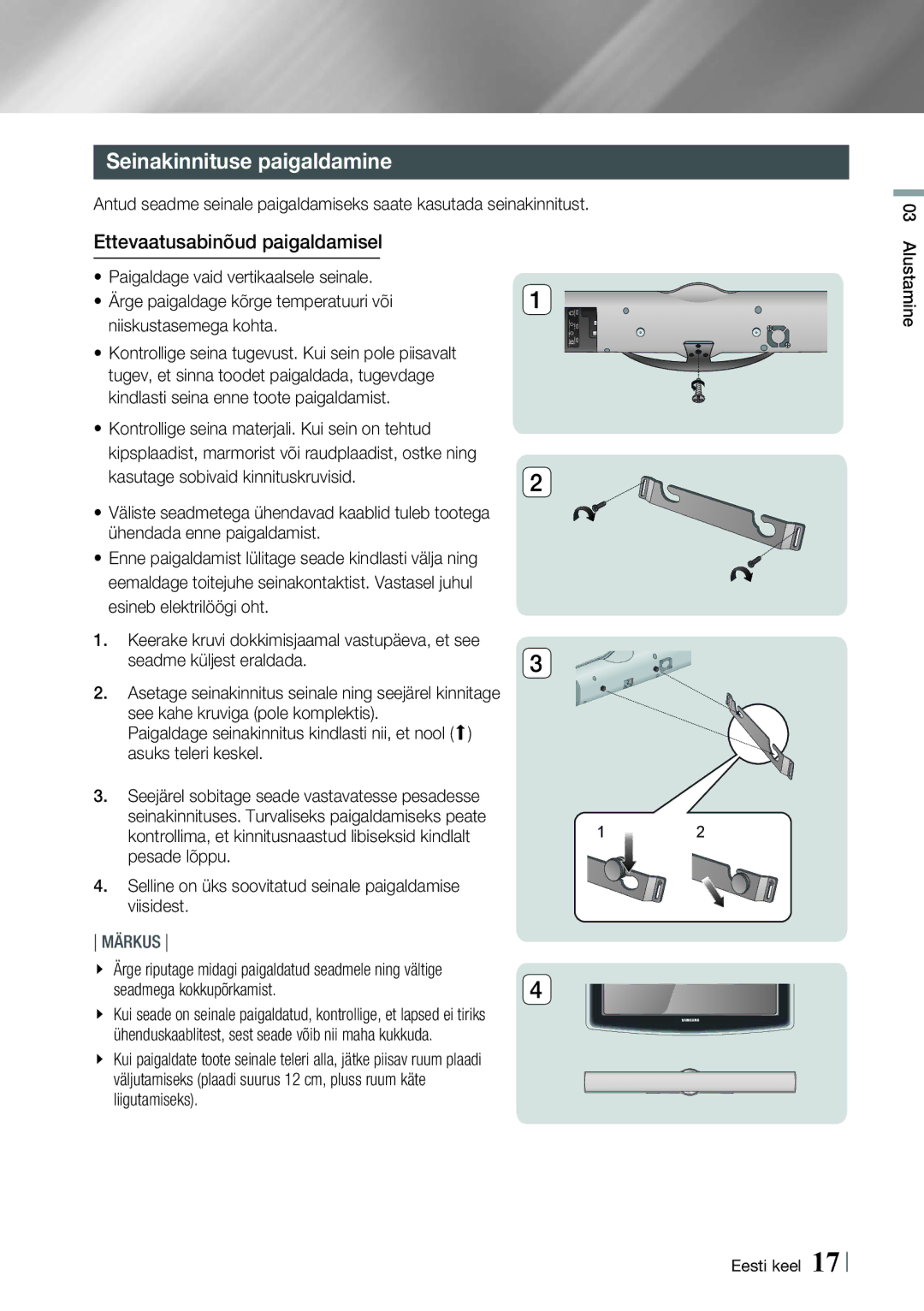 Samsung HT-E8200/EN manual Seinakinnituse paigaldamine, Ettevaatusabinõud paigaldamisel 