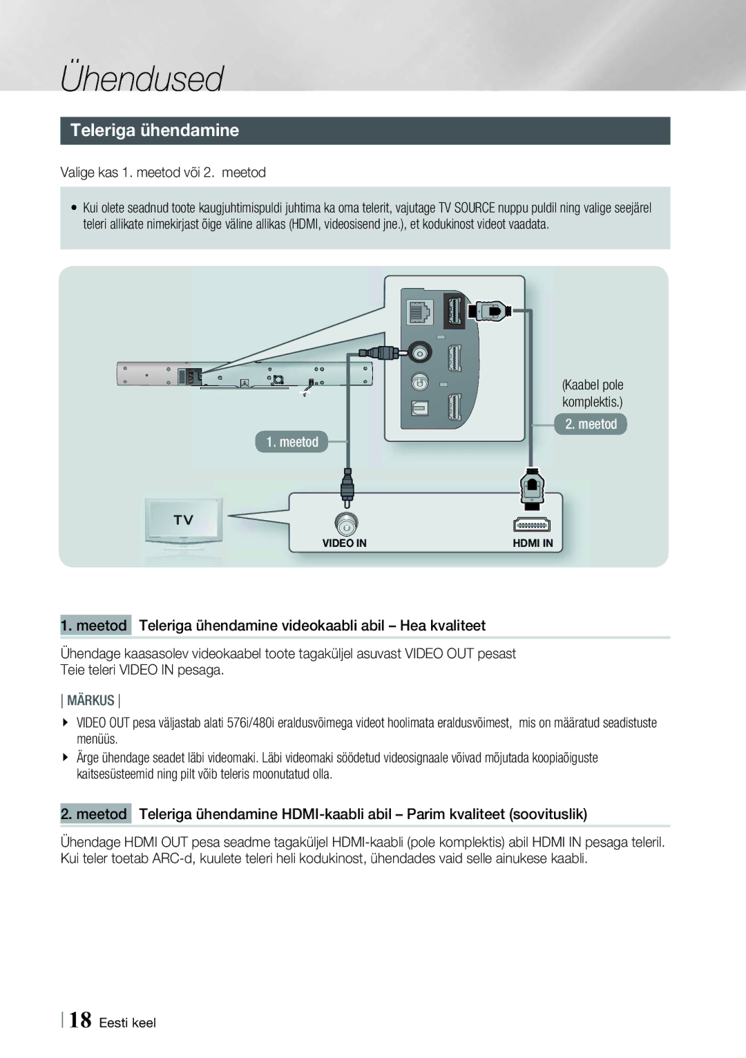 Samsung HT-E8200/EN manual Meetod Teleriga ühendamine videokaabli abil Hea kvaliteet, Kaabel pole komplektis 