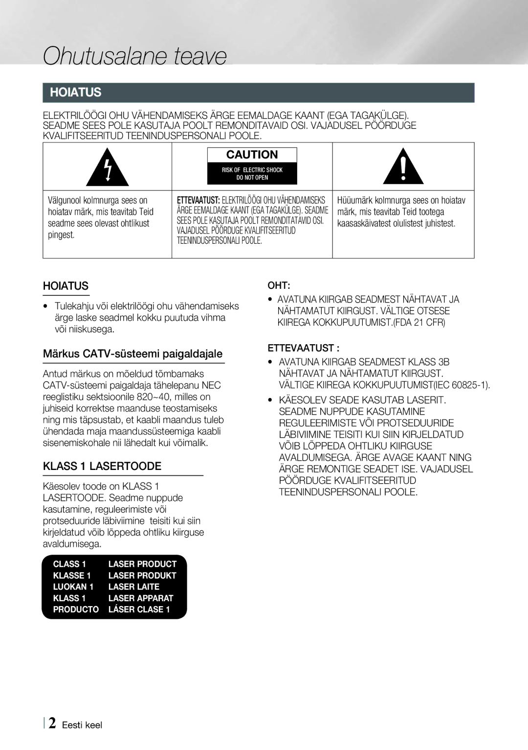 Samsung HT-E8200/EN manual Ohutusalane teave, Märkus CATV-süsteemi paigaldajale 