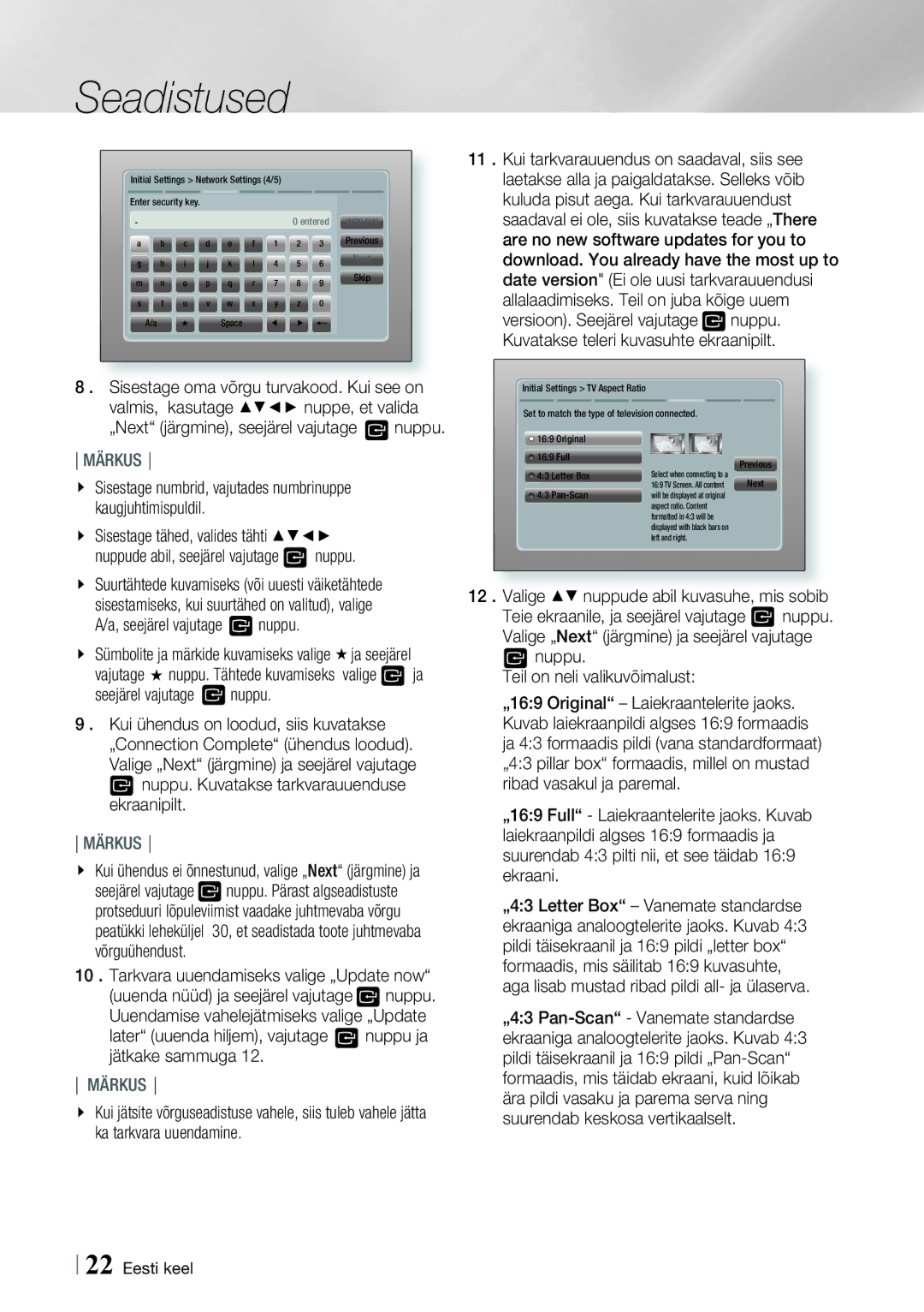 Samsung HT-E8200/EN manual Seadistused, Seejärel vajutage nuppu, Tarkvara uuendamiseks valige „Update now 