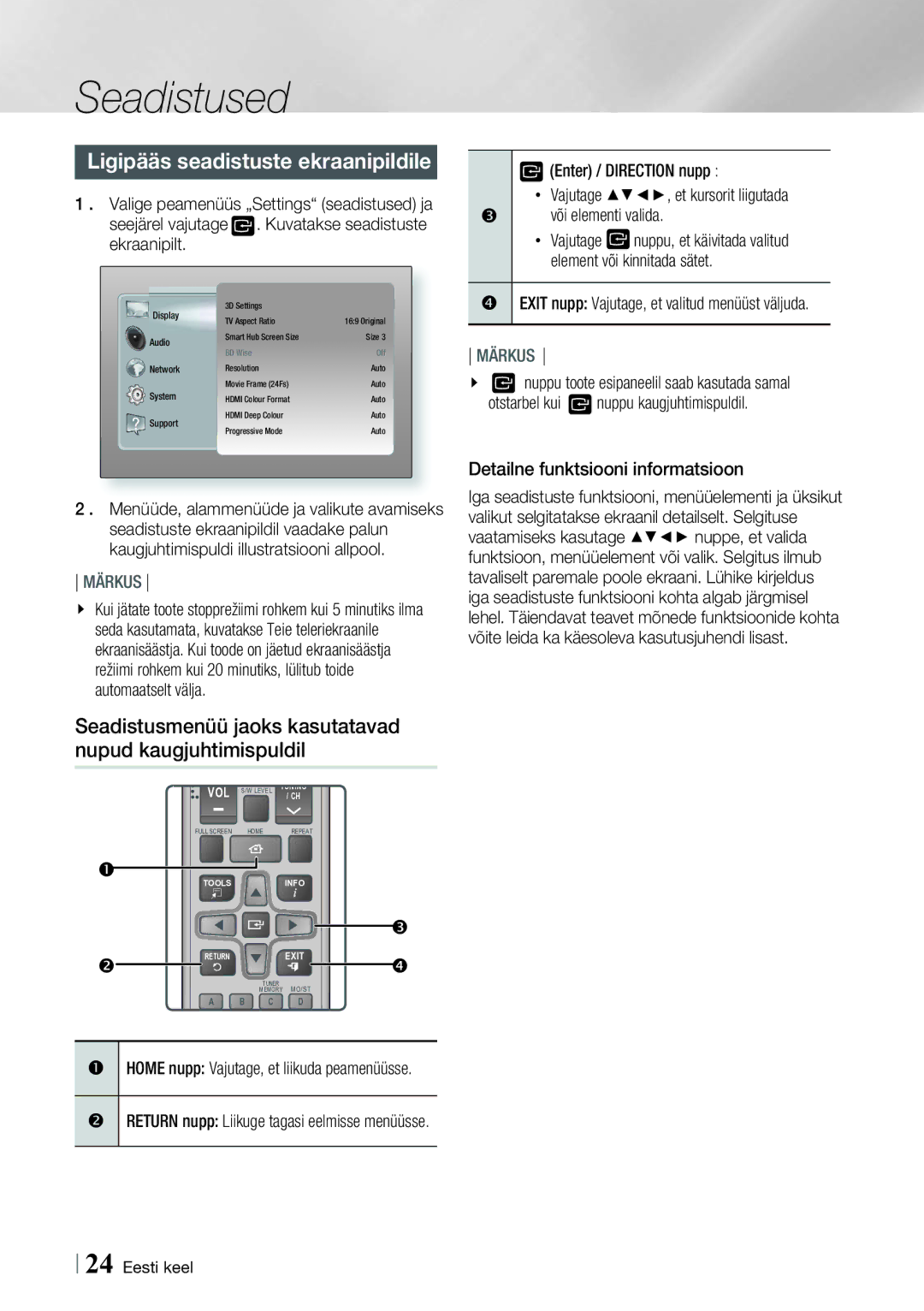 Samsung HT-E8200/EN manual Ligipääs seadistuste ekraanipildile, Seadistusmenüü jaoks kasutatavad nupud kaugjuhtimispuldil 