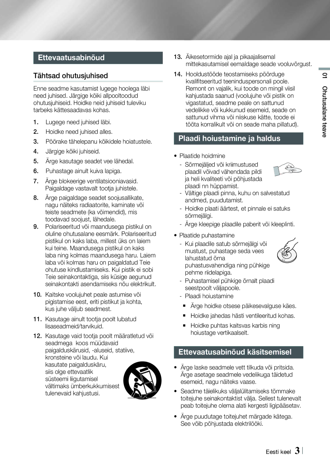 Samsung HT-E8200/EN manual Tähtsad ohutusjuhised, Plaadi hoiustamine ja haldus, Ettevaatusabinõud käsitsemisel 