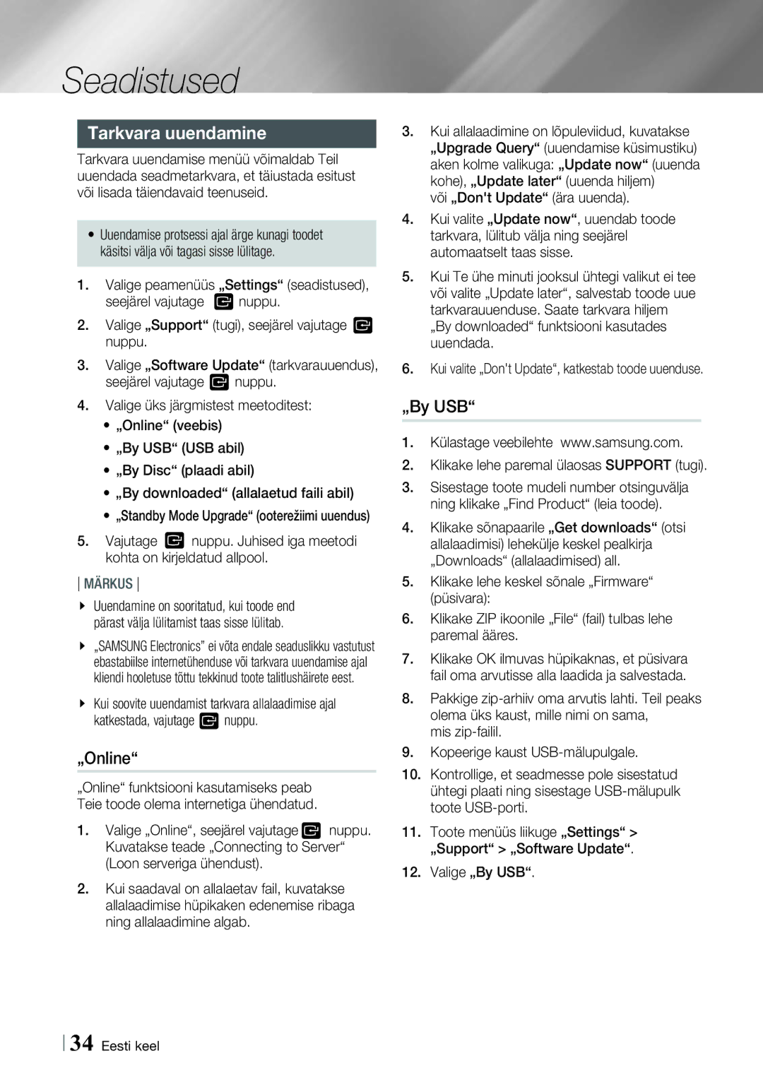 Samsung HT-E8200/EN manual Tarkvara uuendamine, „Online, „By USB 