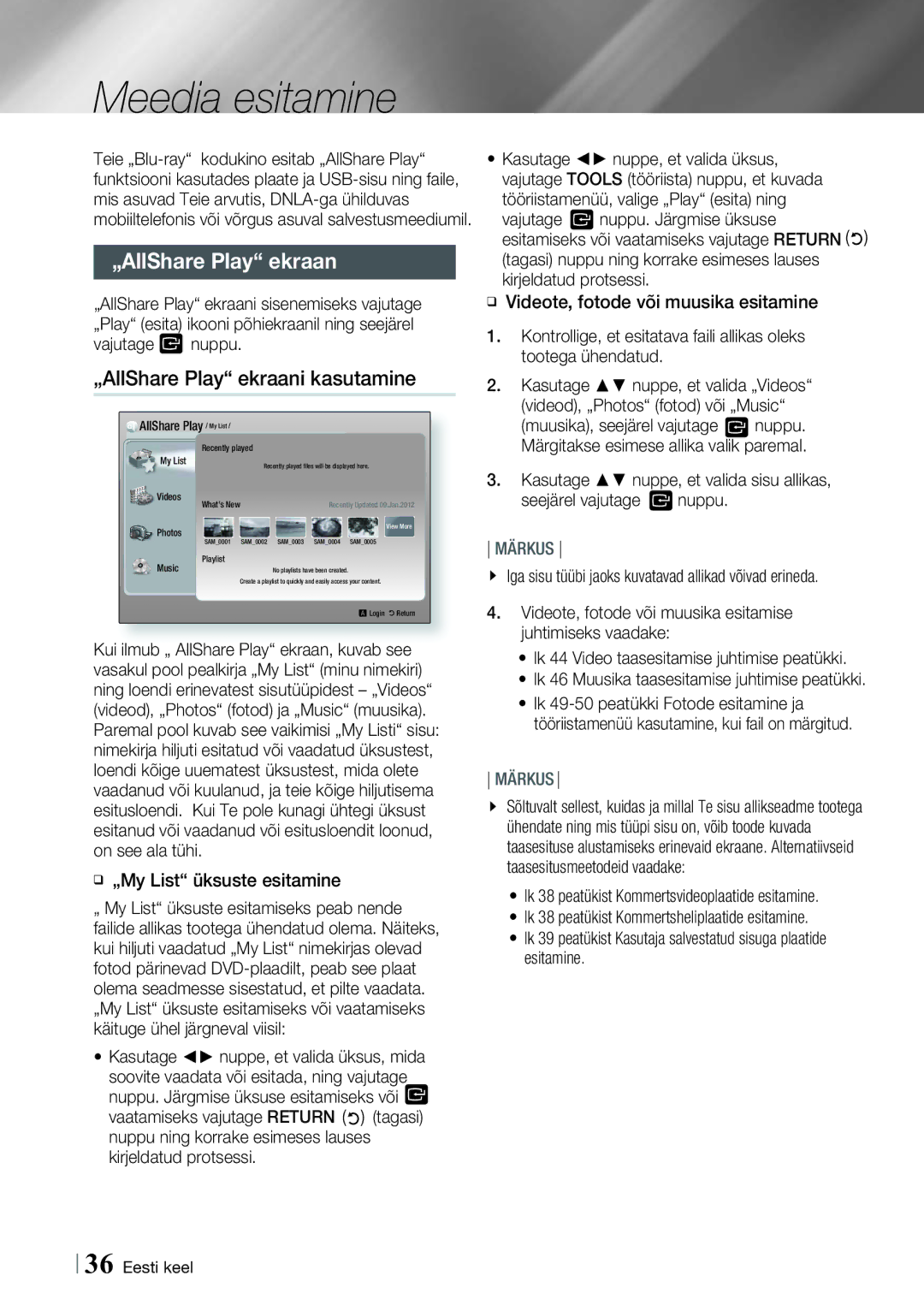 Samsung HT-E8200/EN manual Meedia esitamine, „AllShare Play ekraani kasutamine 