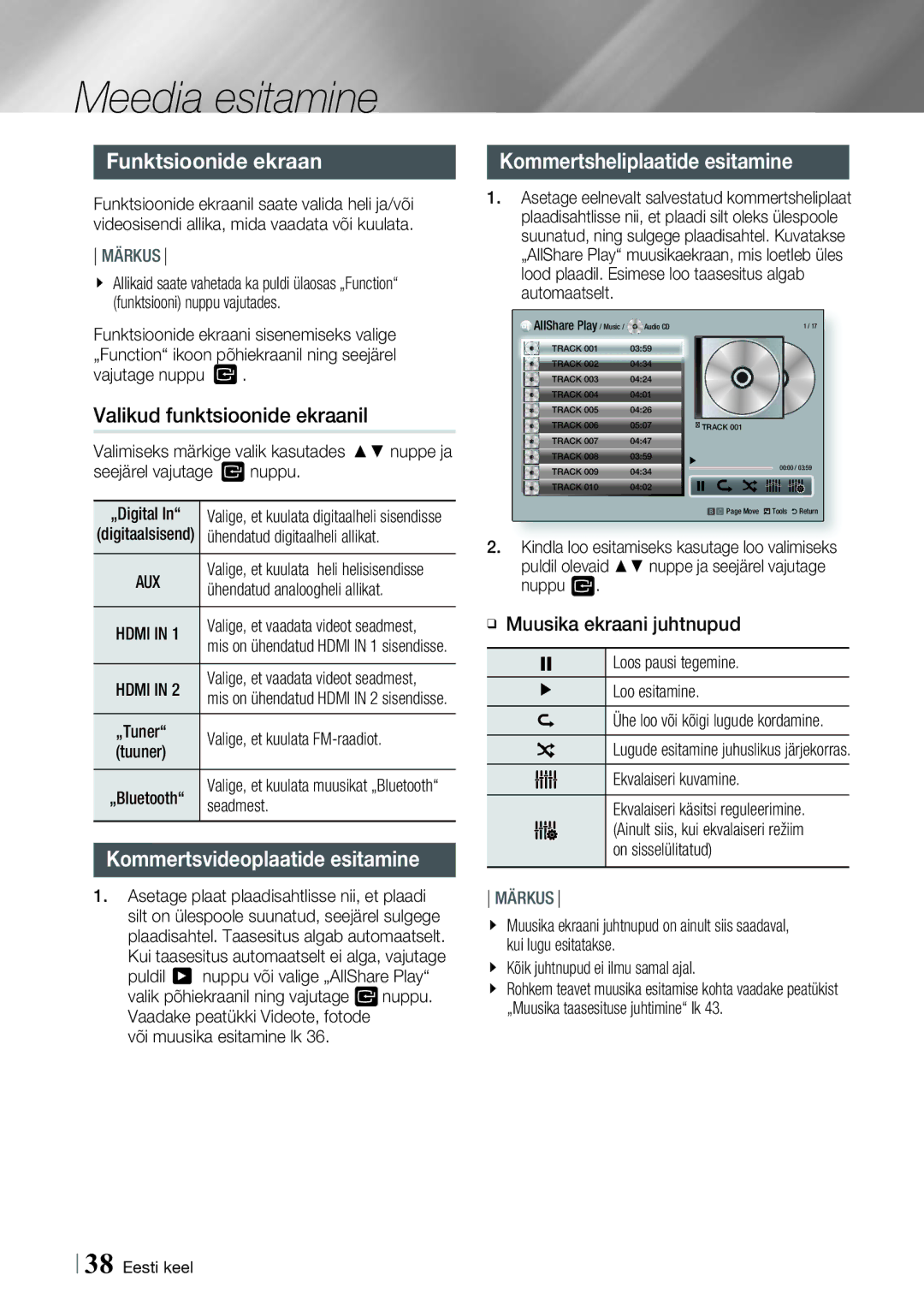 Samsung HT-E8200/EN manual Funktsioonide ekraan, Valikud funktsioonide ekraanil, Kommertsvideoplaatide esitamine 