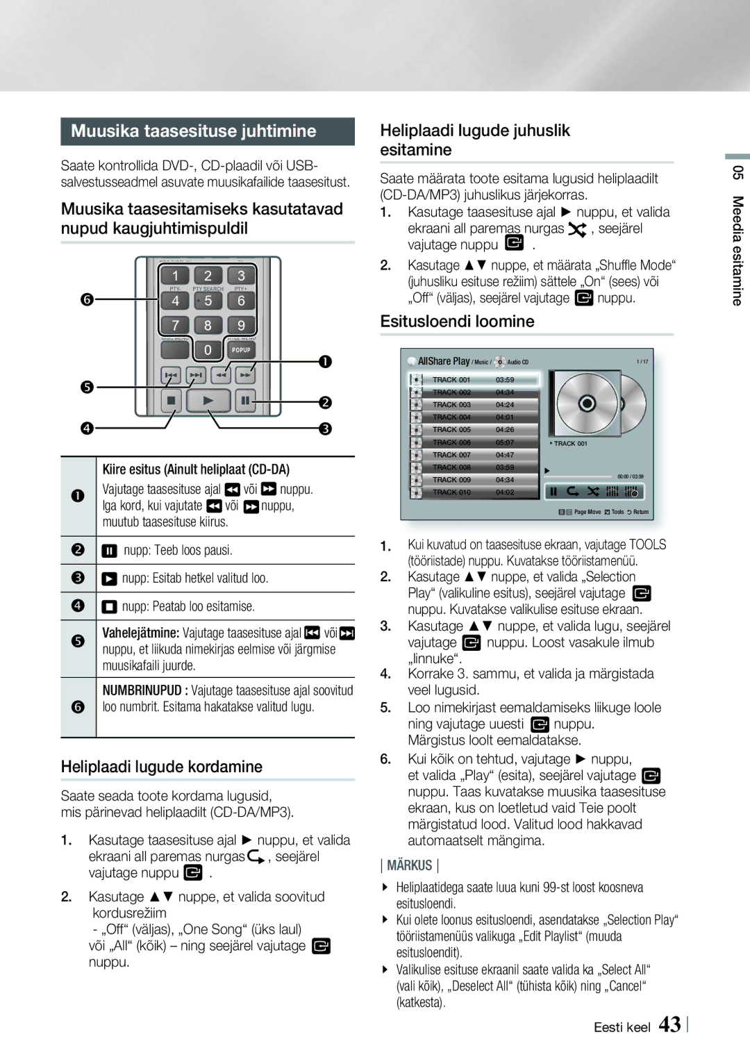 Samsung HT-E8200/EN manual Muusika taasesituse juhtimine, Heliplaadi lugude kordamine, Heliplaadi lugude juhuslik esitamine 