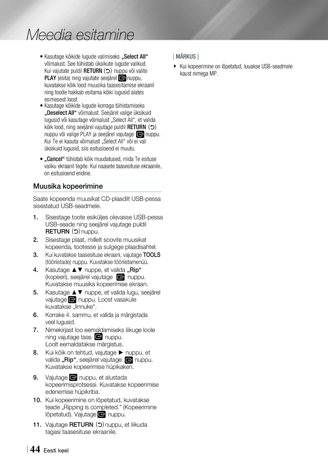 Samsung HT-E8200/EN manual Muusika kopeerimine, Esimesest loost, USB-seade ning seejärel vajutage puldil Return nuppu 