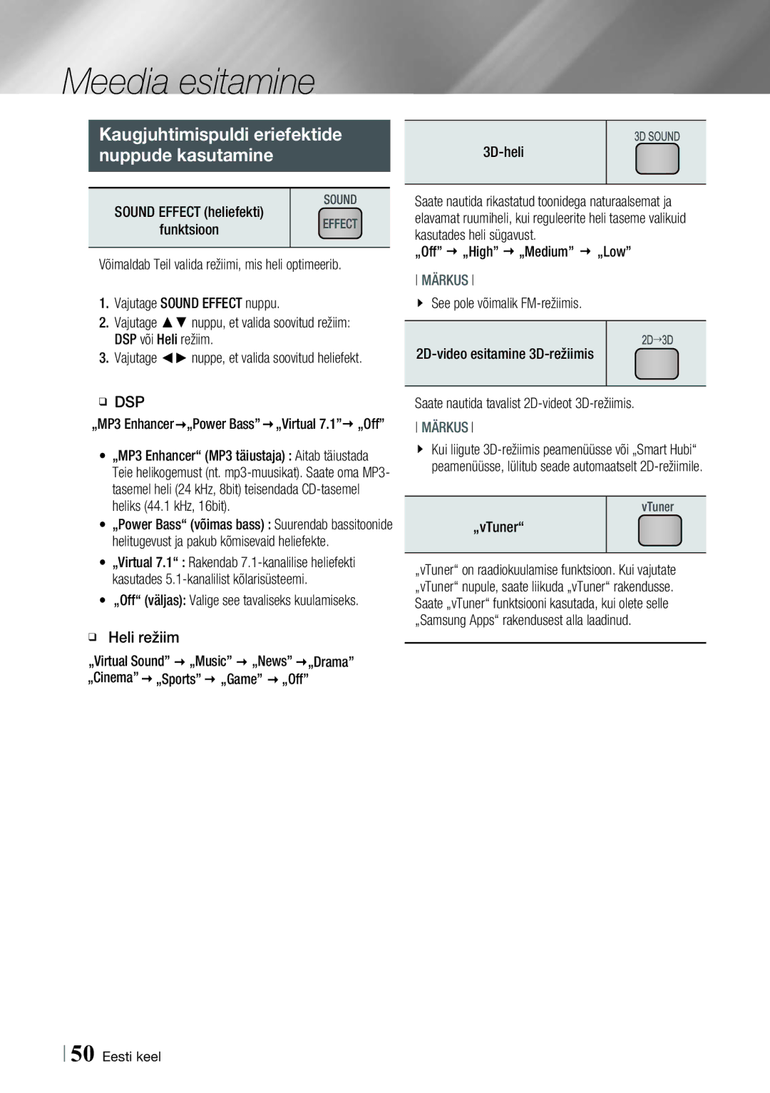 Samsung HT-E8200/EN manual Kaugjuhtimispuldi eriefektide Nuppude kasutamine, Dsp 