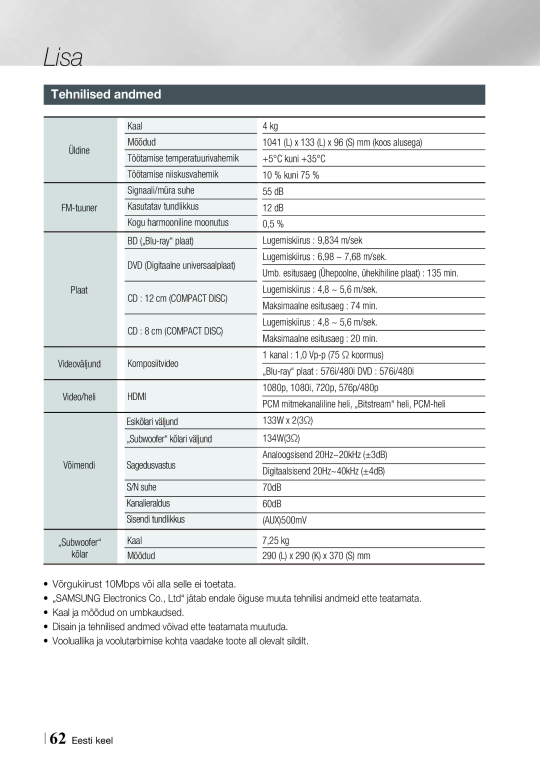 Samsung HT-E8200/EN manual Tehnilised andmed 