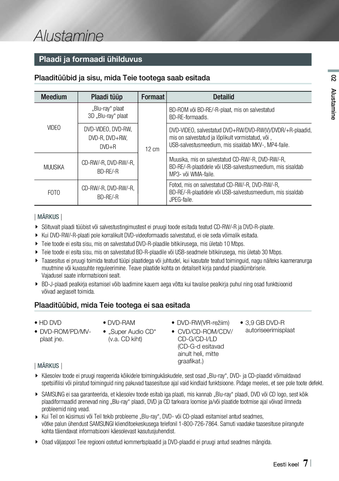 Samsung HT-E8200/EN manual Alustamine, Plaadi ja formaadi ühilduvus, Plaaditüübid ja sisu, mida Teie tootega saab esitada 