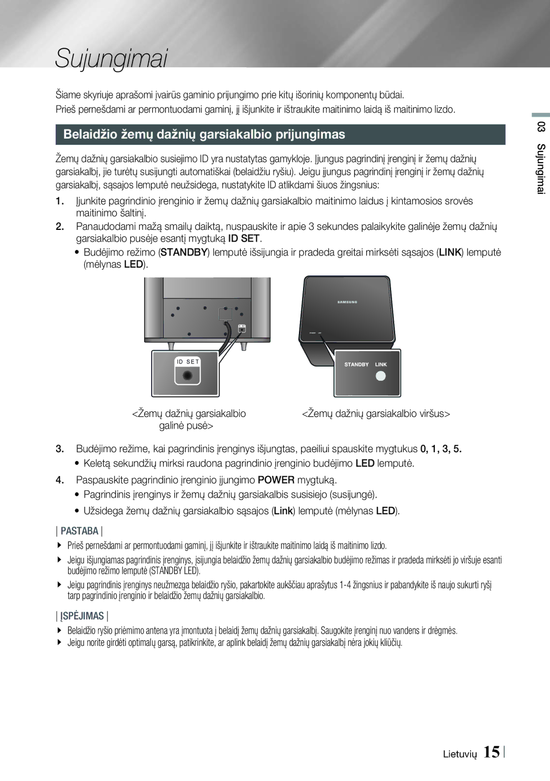 Samsung HT-E8200/EN manual Sujungimai, Belaidžio žemų dažnių garsiakalbio prijungimas 