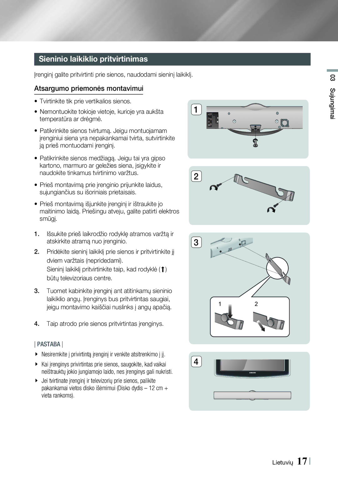 Samsung HT-E8200/EN manual Sieninio laikiklio pritvirtinimas, Atsargumo priemonės montavimui, Sujungimai Lietuvių 