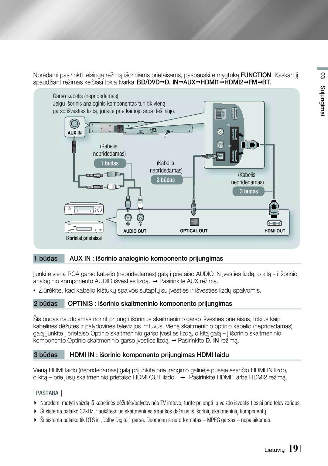 Samsung HT-E8200/EN manual Būdas AUX in išorinio analoginio komponento prijungimas, Sujungimai 