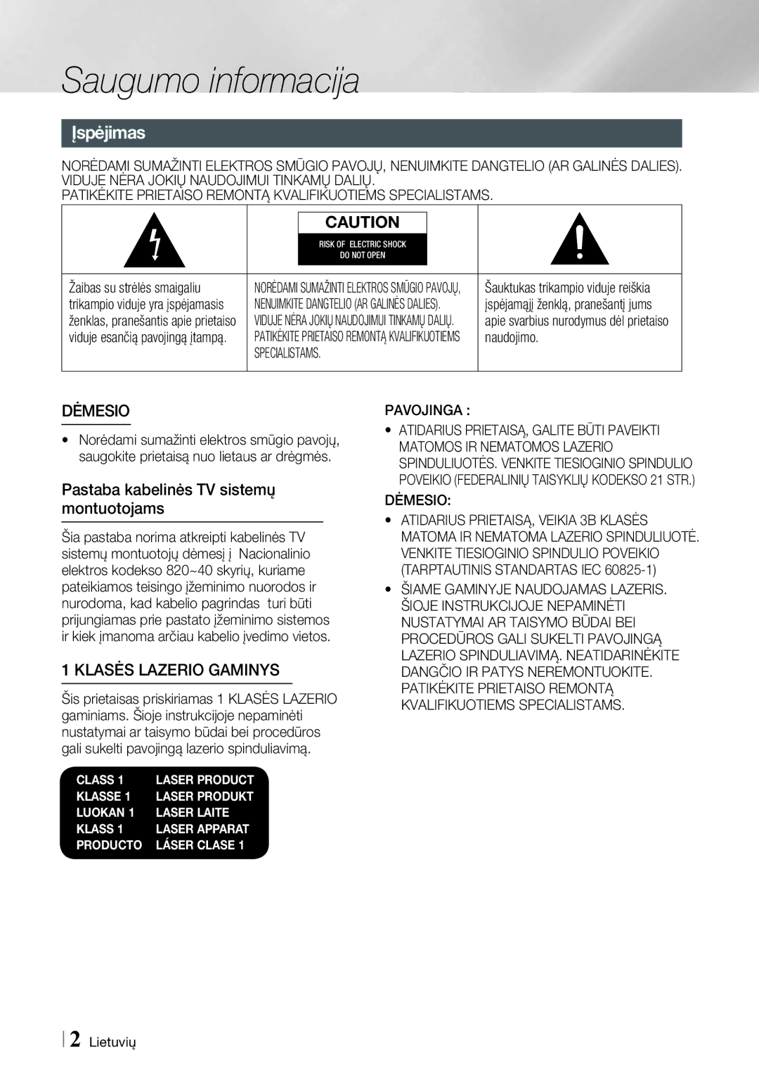 Samsung HT-E8200/EN manual Saugumo informacija, Įspėjimas, Pastaba kabelinės TV sistemų montuotojams 