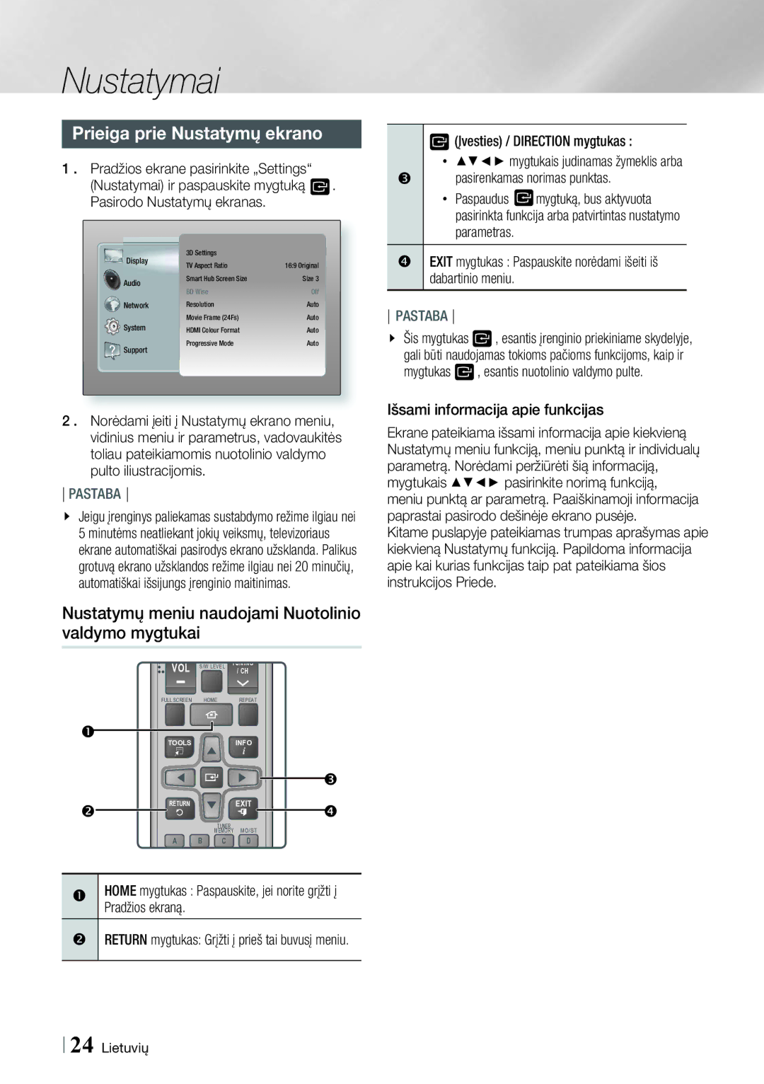 Samsung HT-E8200/EN manual Prieiga prie Nustatymų ekrano, Nustatymų meniu naudojami Nuotolinio valdymo mygtukai 