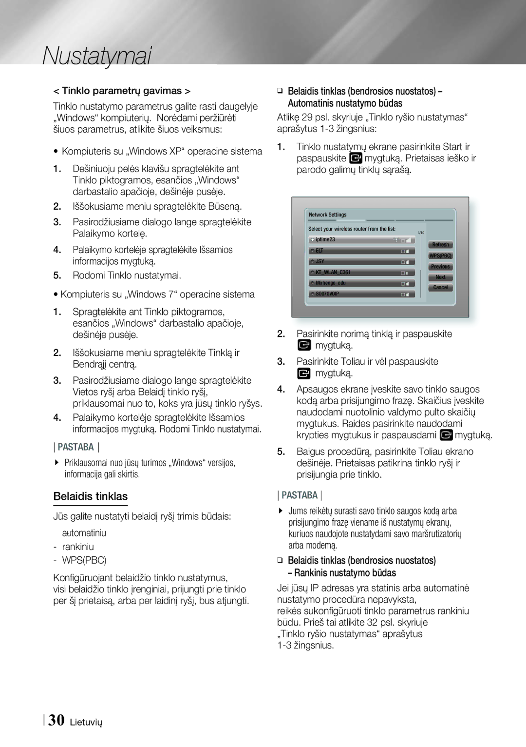 Samsung HT-E8200/EN manual Belaidis tinklas, Tinklo parametrų gavimas, Wpspbc, Konﬁgūruojant belaidžio tinklo nustatymus 